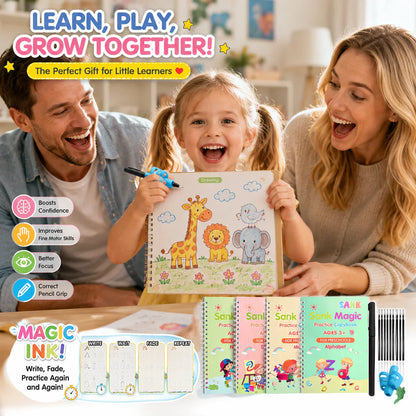 🏆Ostatni dzień – specjalna cena!🔥4-in-1 Fun Reusable Learning Books📚✨Handwriting • Numbers • Drawing • Fine Motor Skills • With Vanishing Ink Pen | Ages 2+ • Eco-Friendly & Screen-Free 🌱