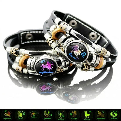 Bransoletka ze skóry zodiakalna świecąca w ciemności – 12 znaków zodiaku, dla kobiet i mężczyzn (6,9/8,1 cala) ✨🌙