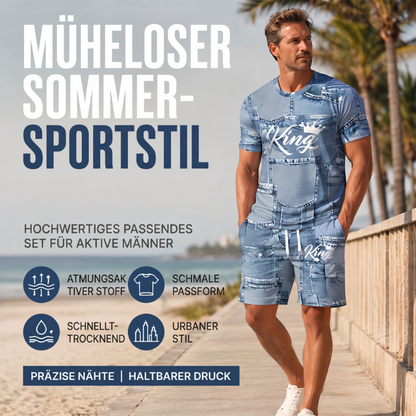 Męski, luźny zestaw – koszulka z nadrukiem imitującym dżins i szorty 👕👖😎