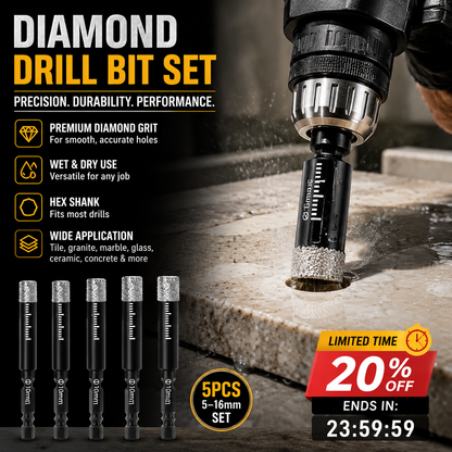 🥳 GORĄCA WYPRZEDAŻ 2026 🥳 💞 PONAD 50 000 SPRZEDANYCH! 💎🔧 50% ZNIŻKI!  Zestaw wierteł diamentowych – trzonek sześciokątny 5–16 mm, do pracy na sucho i mokro. Tworzy czyste, precyzyjne otwory w płytkach, szkle, granicie i marmurze – bez odprysków! 🛡️💪