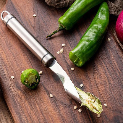 🌶️ 50% zniżki! Stalowy wydrążacz do papryki – ząbkowana krawędź tnąca, obróć i wyciągnij gniazdo nasienne. Sprawdzi się też przy innych twardych warzywach – 22 cm, łatwy do czyszczenia! ✨🔪