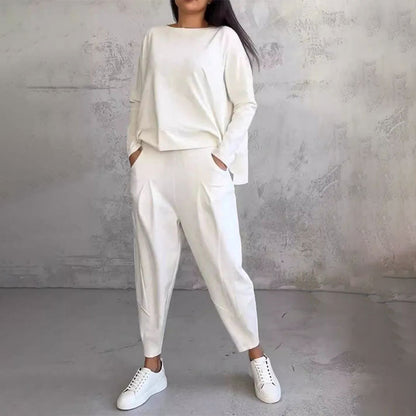 Damski zestaw 2-częściowy: bluzka z długim rękawem i okrągłym dekoltem + spodnie🧥+👖