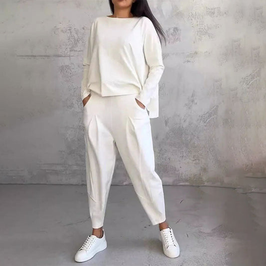 Damski zestaw 2-częściowy: bluzka z długim rękawem i okrągłym dekoltem + spodnie🧥+👖