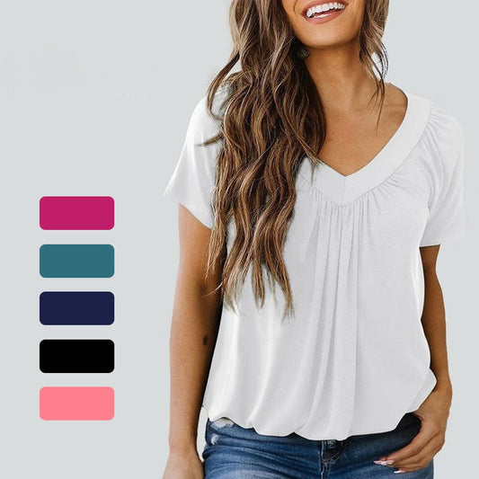 🎁 OSTATNI DZIEŃ WYPRZEDAŻY! 🔥 Letnia gorąca wyprzedaż – 50% ZNIŻKI! ⏳ Damska, swobodna, marszczona bluzka z dekoltem w szpic i krótkim rękawem 👚✨💖