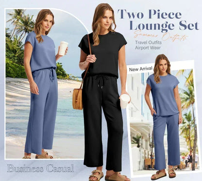 🌺 Nowość 2026 – damski zestaw dwuczęściowy: casualowy top z krótkim rękawem i szerokie, skrócone spodnie