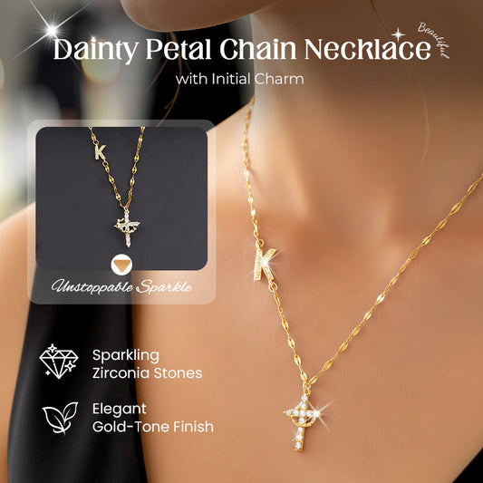💎 Delikatny naszyjnik łańcuszek z płatkami i zawieszką z inicjałem – regulowany, lśniący i inspirowany wiarą ✨📿