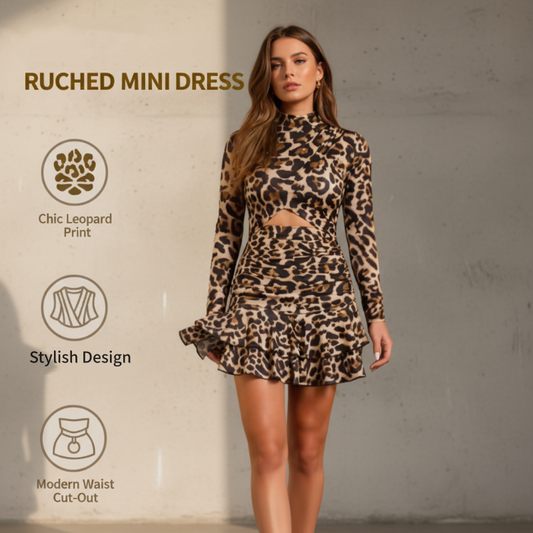 ⏳ Oferta limitowana! ⏰ Mini sukienka w lamparci wzór z marszczeniem – elastyczna, miękka tkanina, marszczenie modelujące brzuch. Szykowny wzór, zabawna długość. Idealna na kolacje i imprezy. 🐆✨
