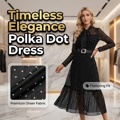 👗 50% ZNIŻKI! ✨ Średnia sukienka w grochy – kokardkowy kołnierzyk i elegancki krój – figlarna, kobieca i idealna na wiosnę, do biura i na specjalne okazje 🎀