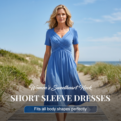 👗💙 50% ZNIŻKI DZIŚ! ✨ Damska długa sukienka z dekoltem V i krótkim rękawem 🌸 – elegancki, zwiewny krój, wygodny materiał i swobodny styl na co dzień.