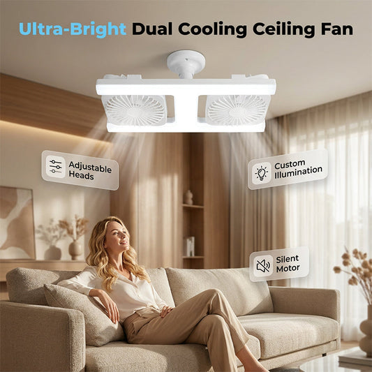 🌬️✨ Wentylator sufitowy z podwójną głowicą i oświetleniem LED – nowoczesny design z pilotem do salonu i sypialni