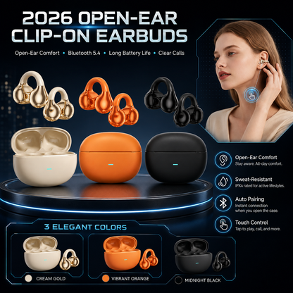 🎧👂 Słuchawki Open‑Ear na klips | Bluetooth 5.4, dźwięk kierunkowy i ENC do muzyki i rozmów | Odporne na zachlapania IPX4 ✨