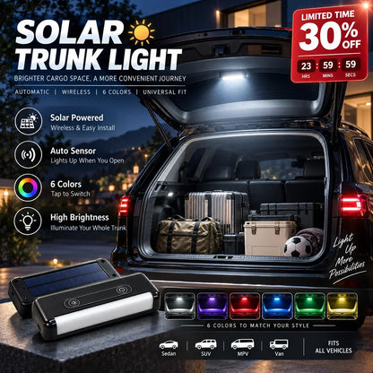 🔆 Solarna lampa LED do bagażnika samochodowego – automatyczny czujnik, bezprzewodowa, 6 kolorów, do SUV‑ów i innych pojazdów ✨